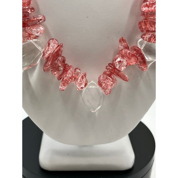 Cherry Quartz & Clear Quartz Chip Bead Statement Necklace Pink Coral Gemstone - Picture 2 of 13